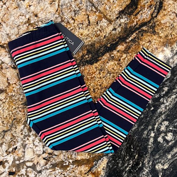 NWT Nautica Girls' Navy, Pink, Teal. White & Yellow Stripe Print Leggings - 4T - Picture 1 of 8